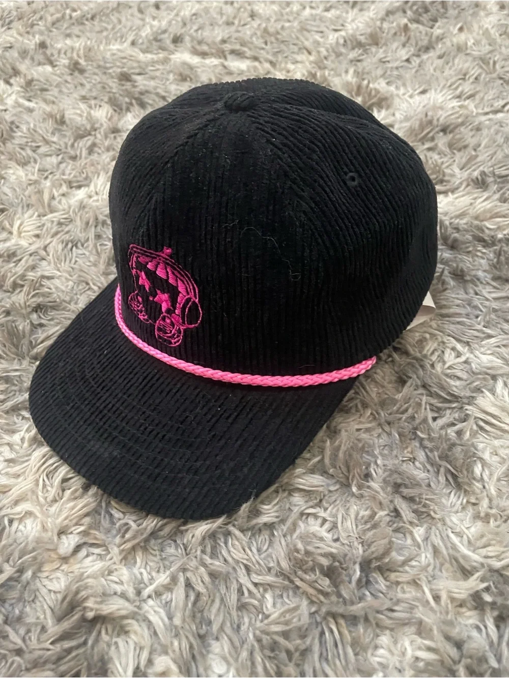 Snag Collective Black Corduroy Pink Rope Hat with Kirby Embroidery